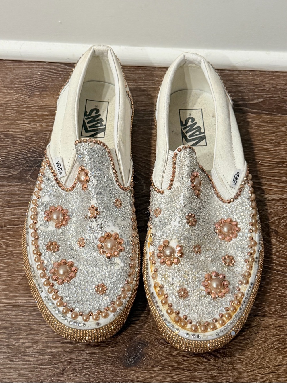 Vans White Slip-On Sneakers with Pearl and Rose-Gold Bead Detailing